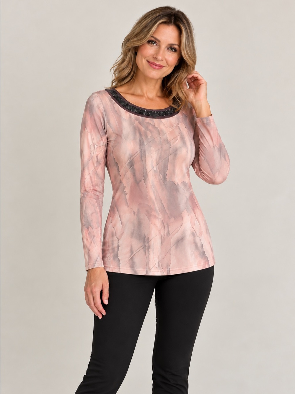 DKR Apparel Beaded Neckline Long Sleeve Top-Pink Splash Print